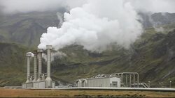 Hellisheidi geothermal power station in Hengill, Iceland is the worlds second largest geothermal power station. It will soon have a capacity of 300 MW of electricity generation. It also supplies hot water via a pipeline to Reykjavik for space heating for h Stock Footage