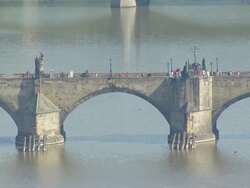 WS AERIAL View of pedestrians walking on bridge / Prague, Czech Republic Stock Footage