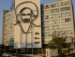 Camilo Cienfuegos artwork for hero in Revolution Square in Havana Cuba Stock Footage