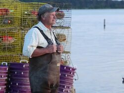 MS PAN Waterman Looking Peasefully Out at Water from Fishing Dock / Oyster, Virginia, USA Stock Footage