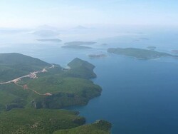 WS AERIAL View of unknown islands and aquaculture with open water / Ionian Islands, Greece Stock Footage
