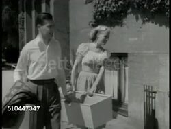 1949: SWEDEN FAMILY RECREATION: EXT WS Couple leaving apartment building w/ baby in basket. MS Couple on pier, boarding boat. Instructional Video