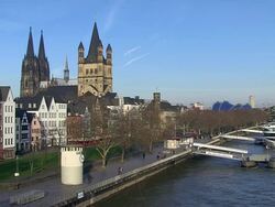 WS View of Frankenwerft, church Gross St. Martin and Dom (Cathedral) / Cologne, North Rhine Westphalia, Germany Stock Footage