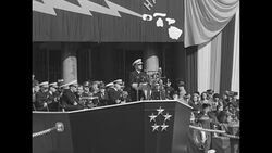 Nimitz giving speech on Nimitz Day in NY City after end of World War II News Clip