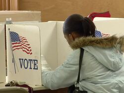 MS, Young woman sitting at voting booth, Toledo, Ohio, USA Stock Footage