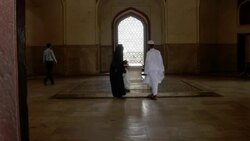 A pov walk towards Humayun's cenotaph, it stands alone in the main chamber; the real grave lies in the basement below, Delhi, India Stock Footage