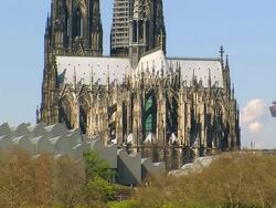 MS Shot of Philharmonie Koln and Dom (Cathedral) / Cologne, North Rhine Westphalia, Germany Stock Footage