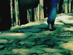 Chinese man walking on a stone path carrying baskets. Stock Footage