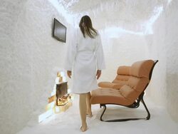 Young woman relaxing in the salt room (HD) Stock Footage
