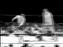 B/W 1948 Rocky Graziano getting knocked out by Tony Zale in boxing match / Rupert Stadium, Newark Stock Footage