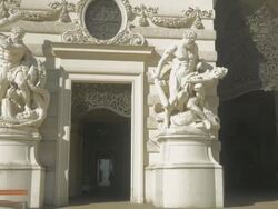 Michaelerplatz Herecules statues medium shot.Pan out Stock Footage