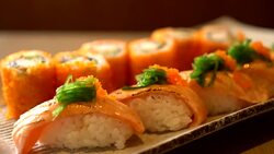 salmon sushi and salmon maki Stock Footage