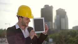 Building Manager with digital tablet Stock Footage