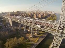 WS AERIAL SLO MO TU Shot of Williamsburg bridge / New York, United States Stock Footage