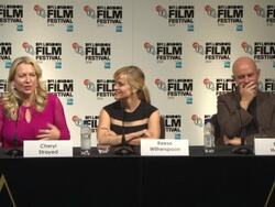 INTERVIEW - Cheryl Strayed on finding everyone she met in the book, unable to find 'Jimmy Carter of the Hobo Times' at 'Wild' Press Conference Stock Footage