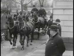 1917: WILSON SECOND INAUGURATION: HA WS Capitol Building steps crowded w/ people. Presidential horse & buggy passing (Edith seen, not Wilson) MS Men walking along aisle. HA WS Woodrow Wilson being sworn in, holding then kissing Bible, March 5, 1917 Instructional Video