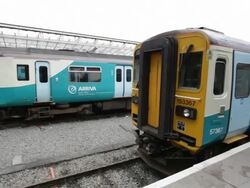 MS PAN Shot of  train coach at chester train station / Chester, England Stock Footage