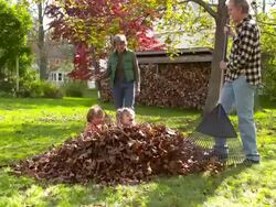 WS SLO MO DS Old couple raking leaves and children running and jumping into pile of leaves / Tivoli, New York, United States Stock Footage