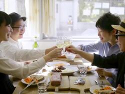 MS Shot of Friends good terms are enjoying lunch at cafÃƒÂ©, doing cheers / Kyoto, Japan Stock Footage