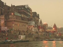 WS POV View of Dasaswamedh Ghat at Ganges River / Varanasi, Uttar Pradesh, India Stock Footage