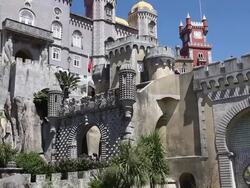 Sintra, Pena National Palace, view of the decorated gates and walls of the Palace Stock Footage
