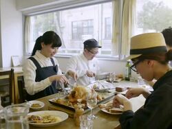 MS Shot of Friends good terms are enjoying lunch at cafÃƒÂ©, smiling / Kyoto, Japan Stock Footage