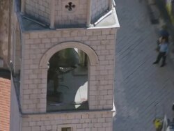 CU AERIAL DS Shot of church bell and streets / Dubrovnik, Dubrovnik Neretva County, Croatia Stock Footage