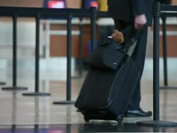 MS Stuffed teddy bear inside carry on travel bag traveling with young businessman inside airport / Minneapolis, Minnesota, United States Stock Footage