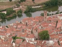 MS AERIAL Shot of Espira de L'Agly city with river / Languedoc Roussillon, France Stock Footage