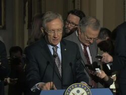 MS Sen Harry Reid answering to reporter question and telling about government view at stand up press availability in Ohio Clock Corrido Audio / Washington, DC, United States Stock Footage