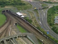 Aerial over Channel Tunnel Terminal / Kent, England Stock Footage