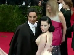Karen Elson, Zac Posen, Dita Von Teese at 'Charles James: Beyond Fashion' Costume Institute Gala - Arrivals Stock Footage