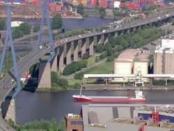 AERIAL WS View of bridge near container terminal / Hamburg, Hamburg, Germany Stock Footage