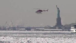 Helicopter Flying Over An Ice Filled Hudson River, Record Cold In NYC Stock Footage