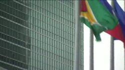 National flags outside UN headquarters News Clip