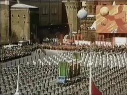 1972 long shot parade through Red Square / Moscow, USSR Stock Footage