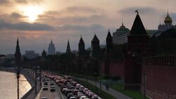 Kremlin churches and towers from Moscow River Bridge, Moscow, Russia, Europe Stock Footage