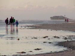 WS View of people walking sea coast at sunset, North Sea North Frisia, / St. Peter Ording, Schleswig Holstein, Germany Stock Footage