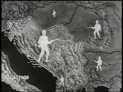 1950: MAP: Map of Yugoslavia, animated soldiers of Yugoslavia & Russia. Instructional Video
