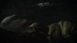 Dinosaur carcasses litter a blasted valley in a computer generated animation. Stock Footage