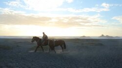 Gaucho riding a horse on the misty coast of Chile at dusk. Stock Footage