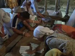 MS people praying at Stone of Anointing in Church of Holy Sepulchre / Jerusalem, Mechoz Jeruschalajim, Israel Stock Footage