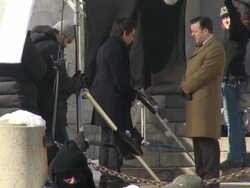 Ben Stiller & Ricky Gervais on location for the movie 'Night at the Museum 3' on the steps of the American Museum of Natural History Stock Footage