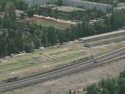 2010 AERIAL Highway next to small airport / Santiago de Chile, Gran Santiago, Chile Stock Footage