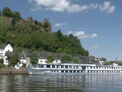 WS View of old town and castle ruin near river Saar / Saarburg, Saar-Valley, Rhineland-Palatinate, Germany Stock Footage