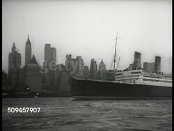 1936: U.S. SHIPPING METHODS: SHIP & TRAIN: MS Freighter in New York City harbor, Statue of Liberty BG (R). MS Ocean Liner ship 'Aquitania' in harbor, Manhattan skyline BG. HA XWS Train freight yard. LA MS Train passing (possibly Philadelphia). Instructional Video
