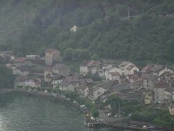 MS AERIAL TD Shot of Coast along lake Geneva last of France / Rhone Alpes, France Stock Footage
