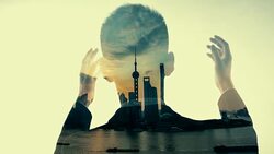 Multiple Exposure of businessman with city Stock Footage
