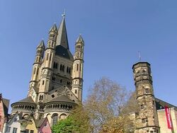 MS LA Shot of Frankenwerft and church Gross St. Martin / Cologne, North Rhine Westphalia, Germany Stock Footage