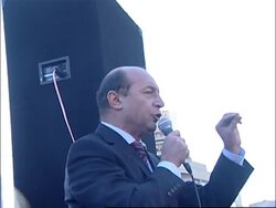 President Basescu addresses crowds after parliament suspension vote News Clip